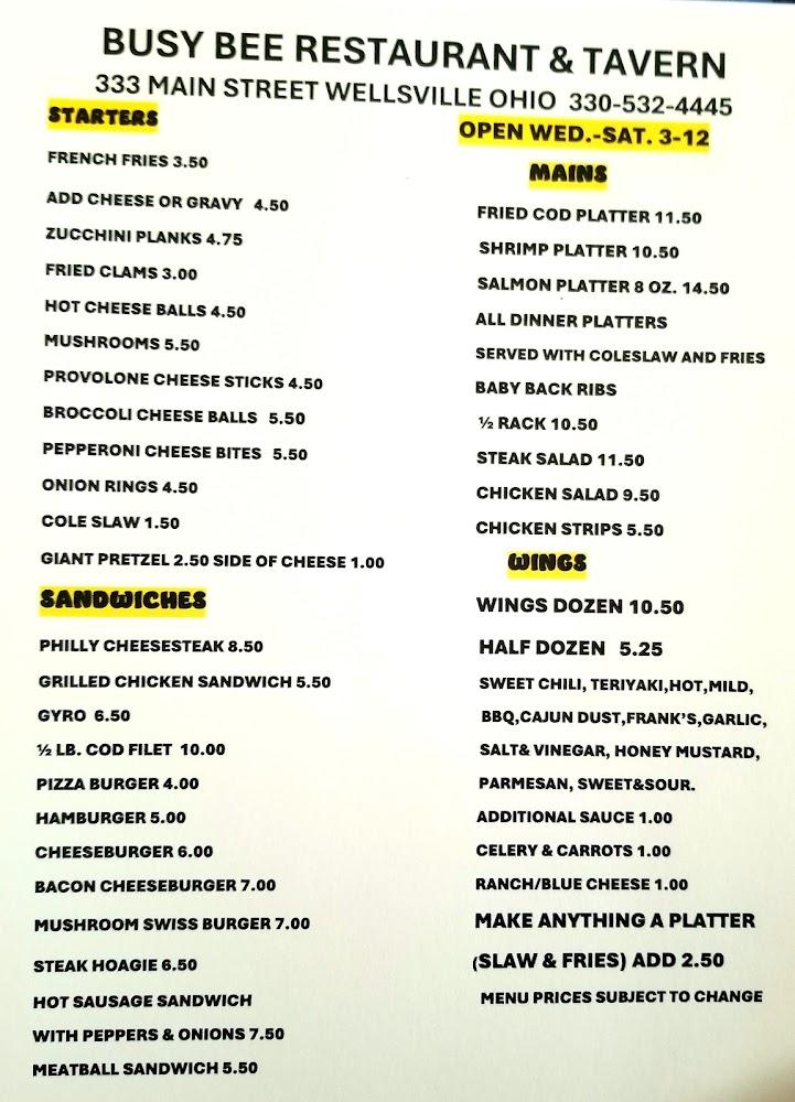 Busy Bee Tavern & Restaurant Menu image 1